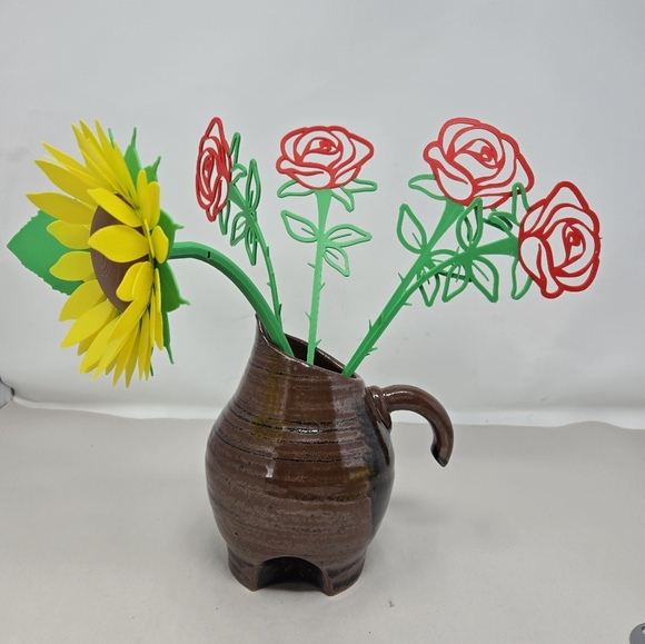 Studio Pottery Art Flower Vase With Handle Heavy Painted Black & Brown Glazed - Picture 2 of 10